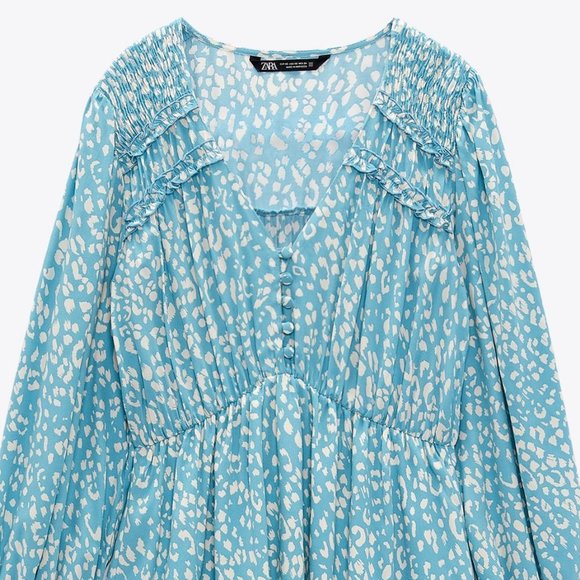 NEW Zara Animal Leopard Print V Neck Layered Ruffle Skirt Cute Mini Dress Blue S - Picture 8 of 10